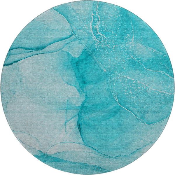 HomeRoots 8' Teal and Ivory Abstract Round Rug - Washable, Stain-Resistant, UV-Protected for Stylish Homes 646885