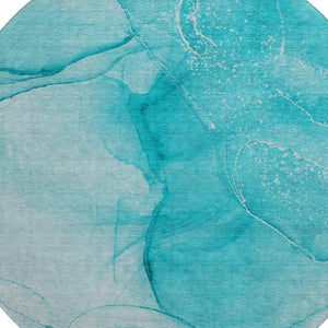 HomeRoots 8' Teal and Ivory Abstract Round Rug - Washable, Stain-Resistant, UV-Protected for Stylish Homes 646885