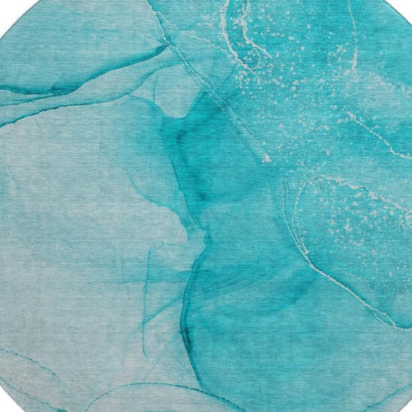 HomeRoots 8' Teal and Ivory Abstract Round Rug - Washable, Stain-Resistant, UV-Protected for Stylish Homes 646885