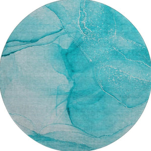 HomeRoots 8' Teal and Ivory Abstract Round Rug - Washable, Stain-Resistant, UV-Protected for Stylish Homes 646885