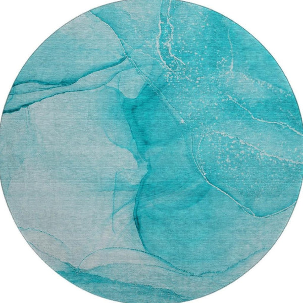 HomeRoots 8' Teal and Ivory Abstract Round Rug - Washable, Stain-Resistant, UV-Protected for Stylish Homes 646885