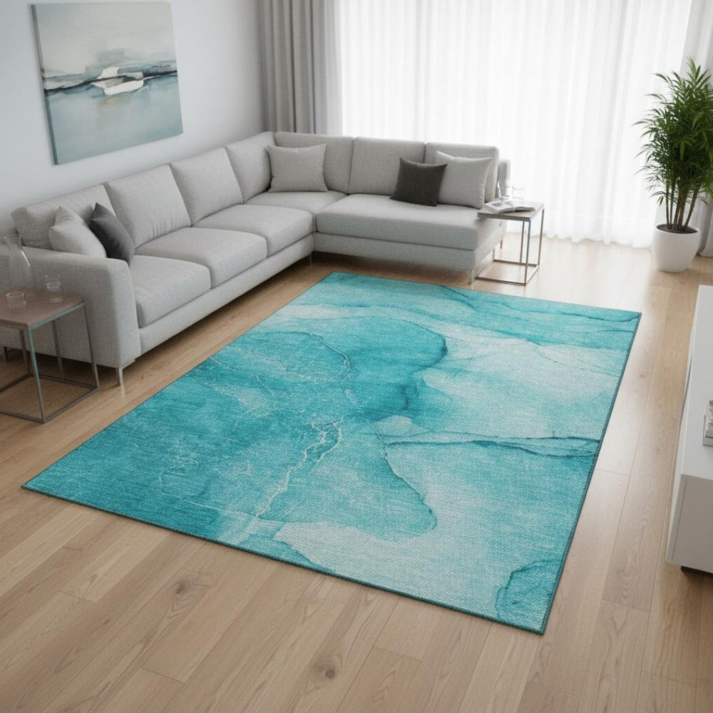 HomeRoots 8' X 10' Stylish Teal & Ivory Abstract Area Rug - Washable, UV-Protected, Perfect for High-Traffic Areas 646886