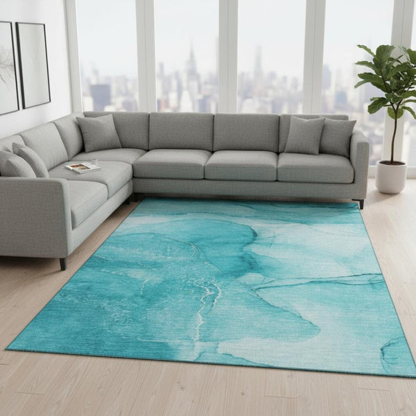 HomeRoots 9' X 12' Teal and Ivory Abstract Area Rug - Washable, UV-Protected, Stylish, and Durable Design 646887