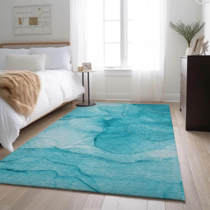 HomeRoots 10' X 14' Teal & Ivory Abstract Area Rug - Washable, UV Protected, Stylish & Durable for High-Traffic Spaces 646888