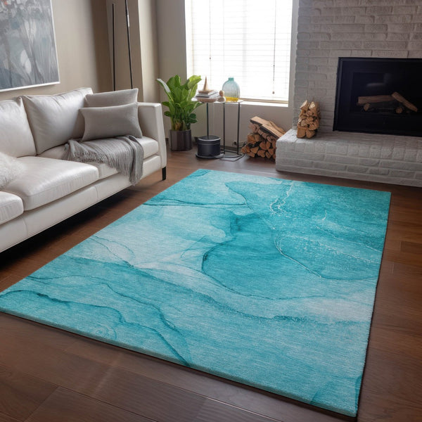 HomeRoots 10' X 14' Teal & Ivory Abstract Area Rug - Washable, UV Protected, Stylish & Durable for High-Traffic Spaces 646888