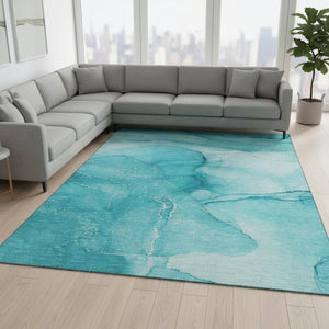HomeRoots 10' X 14' Teal & Ivory Abstract Area Rug - Washable, UV Protected, Stylish & Durable for High-Traffic Spaces 646888