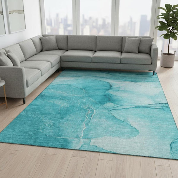 HomeRoots 10' X 14' Teal & Ivory Abstract Area Rug - Washable, UV Protected, Stylish & Durable for High-Traffic Spaces 646888