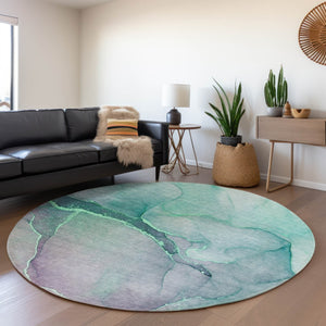 HomeRoots 8' Fern Green Abstract Washable Round Rug - Durable, Stain-Resistant with UV Protection for Any Space 646891