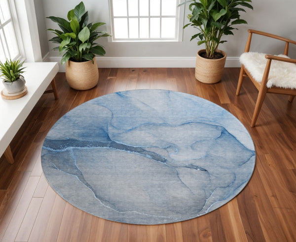 HomeRoots 8' Blue and Ivory Abstract Washable Round Rug - UV Protected, Durable & Stain-Resistant Design for Homes 646897