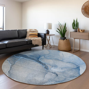 HomeRoots 8' Blue and Ivory Abstract Washable Round Rug - UV Protected, Durable & Stain-Resistant Design for Homes 646897