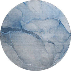 HomeRoots 8' Blue and Ivory Abstract Washable Round Rug - UV Protected, Durable & Stain-Resistant Design for Homes 646897