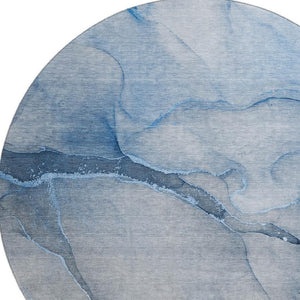HomeRoots 8' Blue and Ivory Abstract Washable Round Rug - UV Protected, Durable & Stain-Resistant Design for Homes 646897
