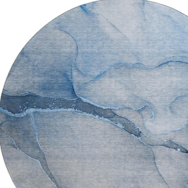 HomeRoots 8' Blue and Ivory Abstract Washable Round Rug - UV Protected, Durable & Stain-Resistant Design for Homes 646897