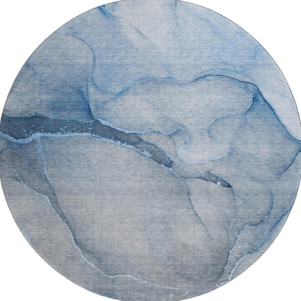 HomeRoots 8' Blue and Ivory Abstract Washable Round Rug - UV Protected, Durable & Stain-Resistant Design for Homes 646897