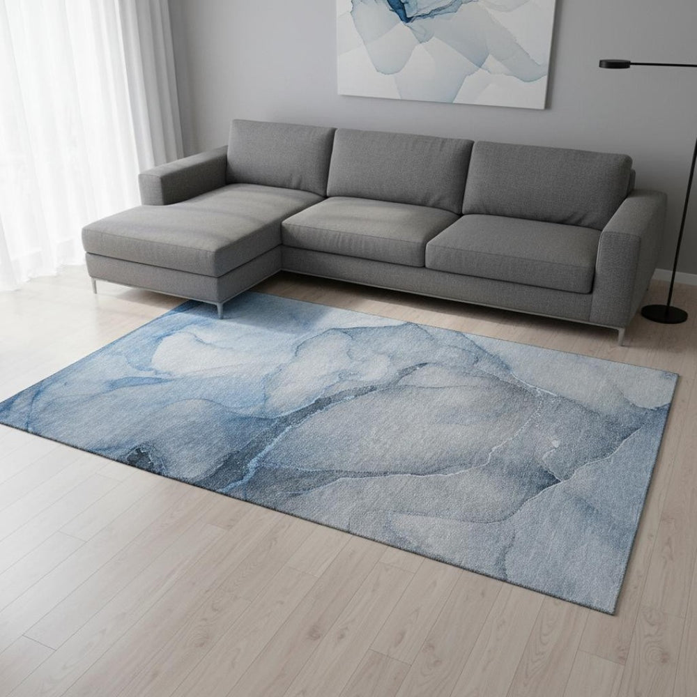 HomeRoots 8' X 10' Stylish Blue & Ivory Abstract Area Rug - Washable, UV Protected, Durable for High-Traffic Spaces 646898