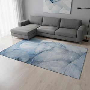 HomeRoots 8' X 10' Stylish Blue & Ivory Abstract Area Rug - Washable, UV Protected, Durable for High-Traffic Spaces 646898