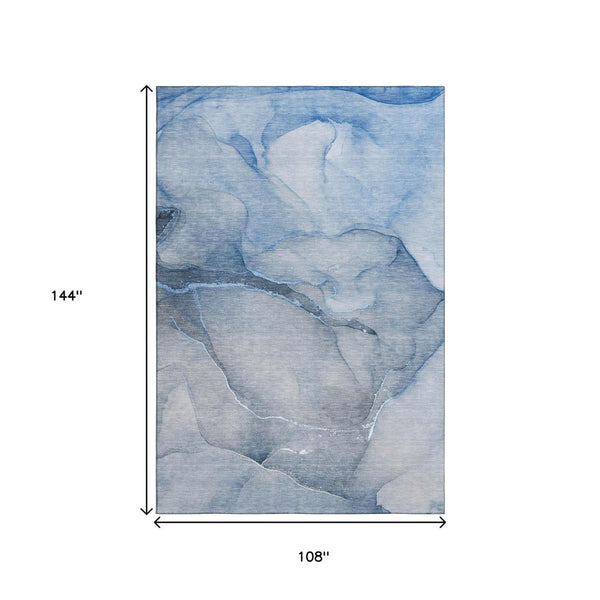 HomeRoots 9' X 12' Blue and Ivory Abstract Area Rug - Washable, UV-Protected, Durable & Kid-Friendly Design 646899