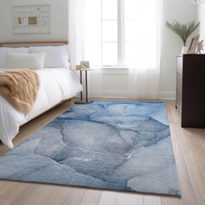 HomeRoots 9' X 12' Blue and Ivory Abstract Area Rug - Washable, UV-Protected, Durable & Kid-Friendly Design 646899