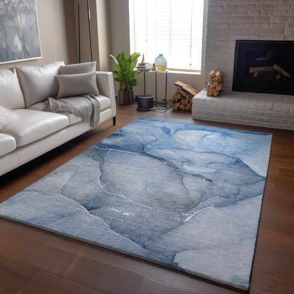 HomeRoots 9' X 12' Blue and Ivory Abstract Area Rug - Washable, UV-Protected, Durable & Kid-Friendly Design 646899