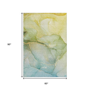 HomeRoots 5' X 8' Green And Ivory Abstract Area Rug – Machine-Washable, UV-Protected, Durable Design for Homes 646902