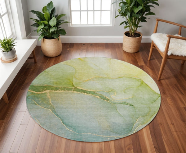 HomeRoots 8' Green and Ivory Abstract Washable Round Rug - UV Protection, Durable, Easy-Care for Busy Homes 646903