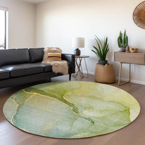 HomeRoots 8' Green and Ivory Abstract Washable Round Rug - UV Protection, Durable, Easy-Care for Busy Homes 646903