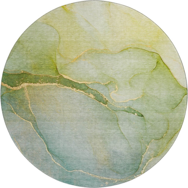 HomeRoots 8' Green and Ivory Abstract Washable Round Rug - UV Protection, Durable, Easy-Care for Busy Homes 646903