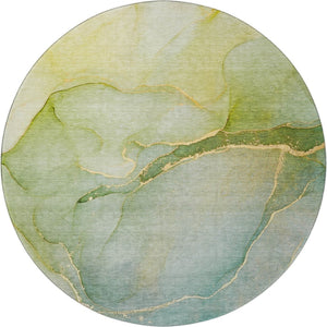 HomeRoots 8' Green and Ivory Abstract Washable Round Rug - UV Protection, Durable, Easy-Care for Busy Homes 646903