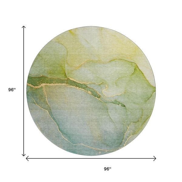 HomeRoots 8' Green and Ivory Abstract Washable Round Rug - UV Protection, Durable, Easy-Care for Busy Homes 646903