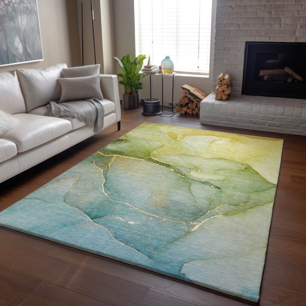 HomeRoots 8' X 10' Green and Ivory Abstract Washable Area Rug - Durable, Stylish, UV-Protected for Homes! 646904