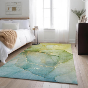HomeRoots 9' X 12' Modern Green and Ivory Abstract Washable Area Rug with UV Protection for High-Traffic Spaces 646905
