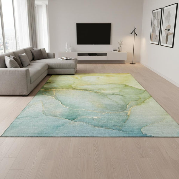 HomeRoots 10' X 14' Stylish Green & Ivory Abstract Area Rug - Washable, UV-Protected, Perfect for Family Homes 646906