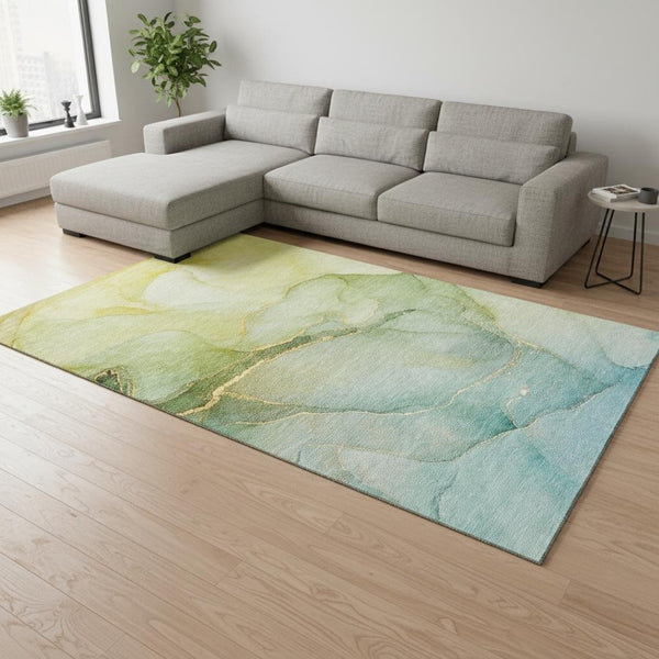 HomeRoots 10' X 14' Stylish Green & Ivory Abstract Area Rug - Washable, UV-Protected, Perfect for Family Homes 646906