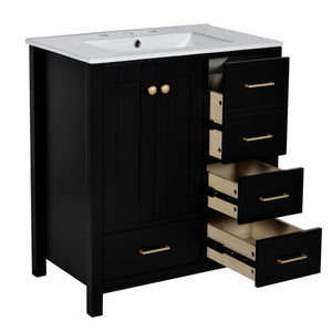 English Elm 30'' Elegant Freestanding Bathroom Vanity With Ceramic Sink, Soft-Close Drawers & Timeless Black Finish N710P194420B