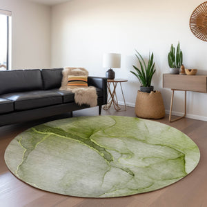 HomeRoots 8' Olive Green and Ivory Abstract Round Rug - Washable, UV Resistant, Ideal for Homes with Kids & Pets! 646915