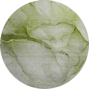 HomeRoots 8' Olive Green and Ivory Abstract Round Rug - Washable, UV Resistant, Ideal for Homes with Kids & Pets! 646915