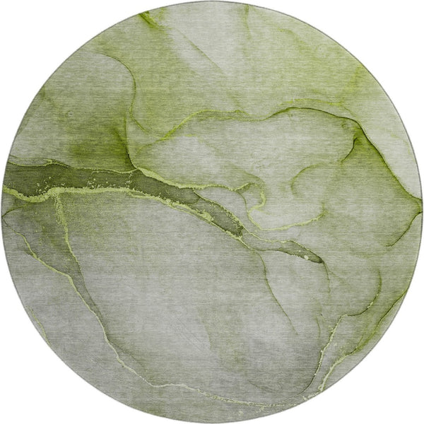 HomeRoots 8' Olive Green and Ivory Abstract Round Rug - Washable, UV Resistant, Ideal for Homes with Kids & Pets! 646915