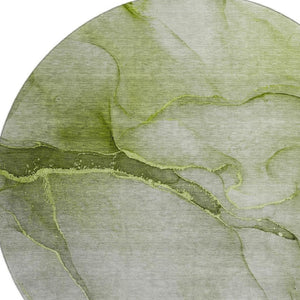 HomeRoots 8' Olive Green and Ivory Abstract Round Rug - Washable, UV Resistant, Ideal for Homes with Kids & Pets! 646915