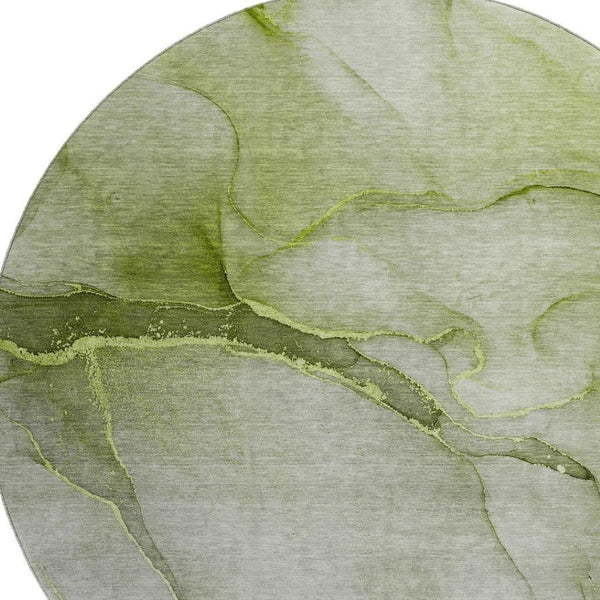 HomeRoots 8' Olive Green and Ivory Abstract Round Rug - Washable, UV Resistant, Ideal for Homes with Kids & Pets! 646915