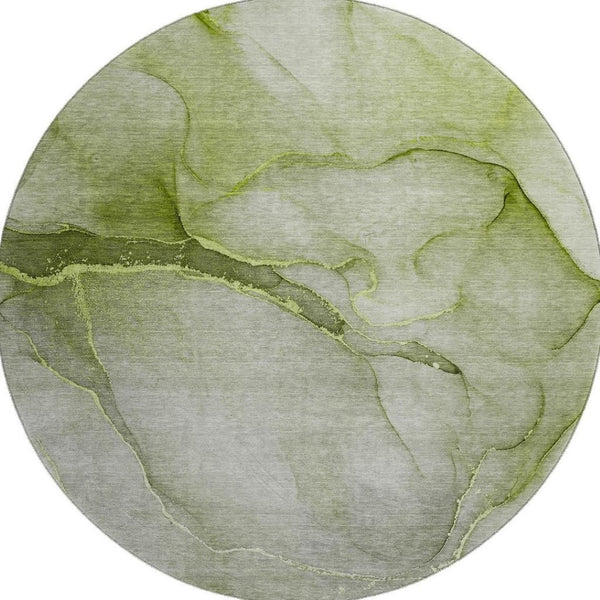HomeRoots 8' Olive Green and Ivory Abstract Round Rug - Washable, UV Resistant, Ideal for Homes with Kids & Pets! 646915