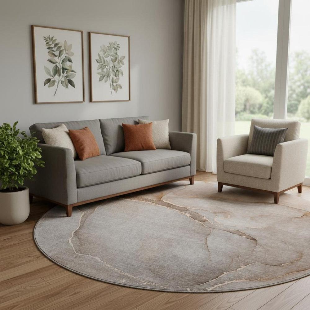 HomeRoots 8' Soft Taupe and Ivory Abstract Washable Round Rug – UV Resistant, Stain-Resistant, Low-Maintenance Charm 646921