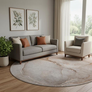 HomeRoots 8' Soft Taupe and Ivory Abstract Washable Round Rug – UV Resistant, Stain-Resistant, Low-Maintenance Charm 646921