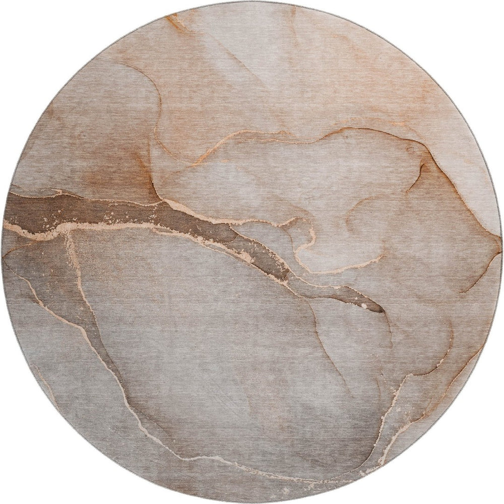 HomeRoots 8' Soft Taupe and Ivory Abstract Washable Round Rug – UV Resistant, Stain-Resistant, Low-Maintenance Charm 646921