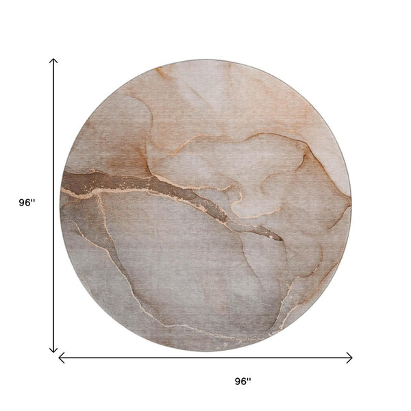 HomeRoots 8' Soft Taupe and Ivory Abstract Washable Round Rug – UV Resistant, Stain-Resistant, Low-Maintenance Charm 646921