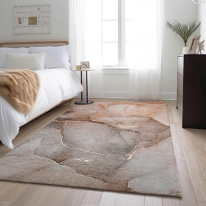 HomeRoots 8' X 10' Stylish Taupe and Ivory Abstract Area Rug – Washable, UV Protected, Ideal for High-Traffic Areas 646922