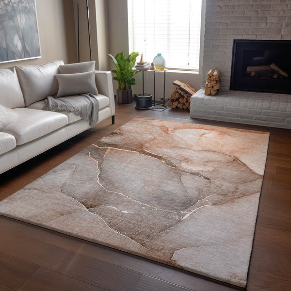 HomeRoots 8' X 10' Stylish Taupe and Ivory Abstract Area Rug – Washable, UV Protected, Ideal for High-Traffic Areas 646922