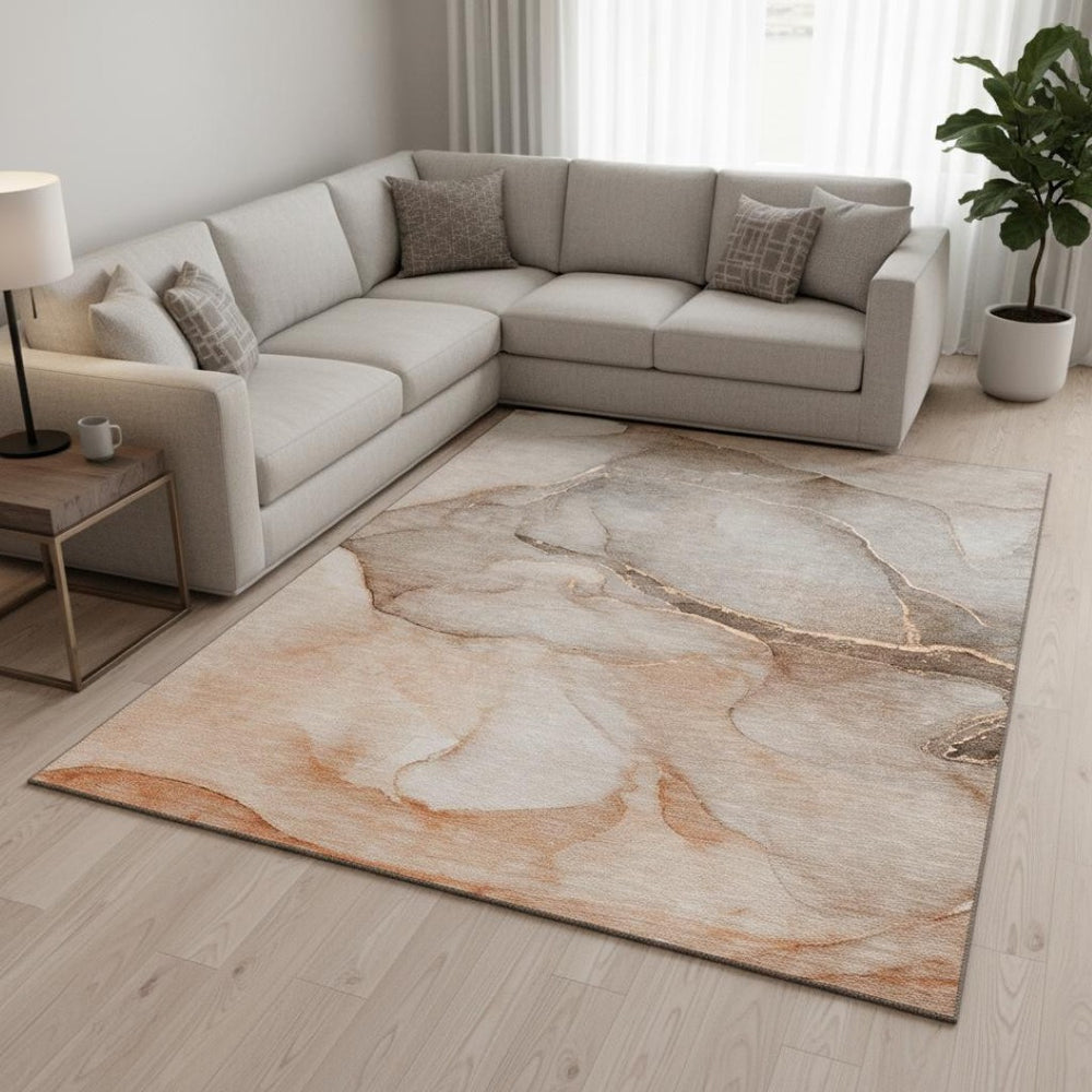HomeRoots 9' X 12' Stylish Taupe Ivory Abstract Washable Area Rug with UV Protection for Modern Homes 646923