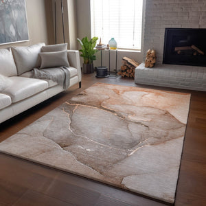 HomeRoots 9' X 12' Stylish Taupe Ivory Abstract Washable Area Rug with UV Protection for Modern Homes 646923