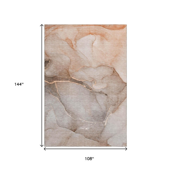 HomeRoots 9' X 12' Stylish Taupe Ivory Abstract Washable Area Rug with UV Protection for Modern Homes 646923