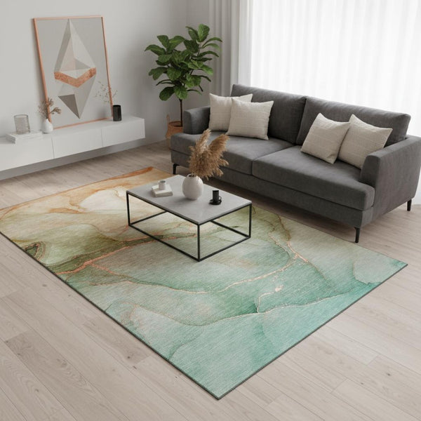 HomeRoots 5' X 8' Teal And Ivory Abstract Rug - Washable, UV-Protected, Perfect for High-Traffic Areas! 646926